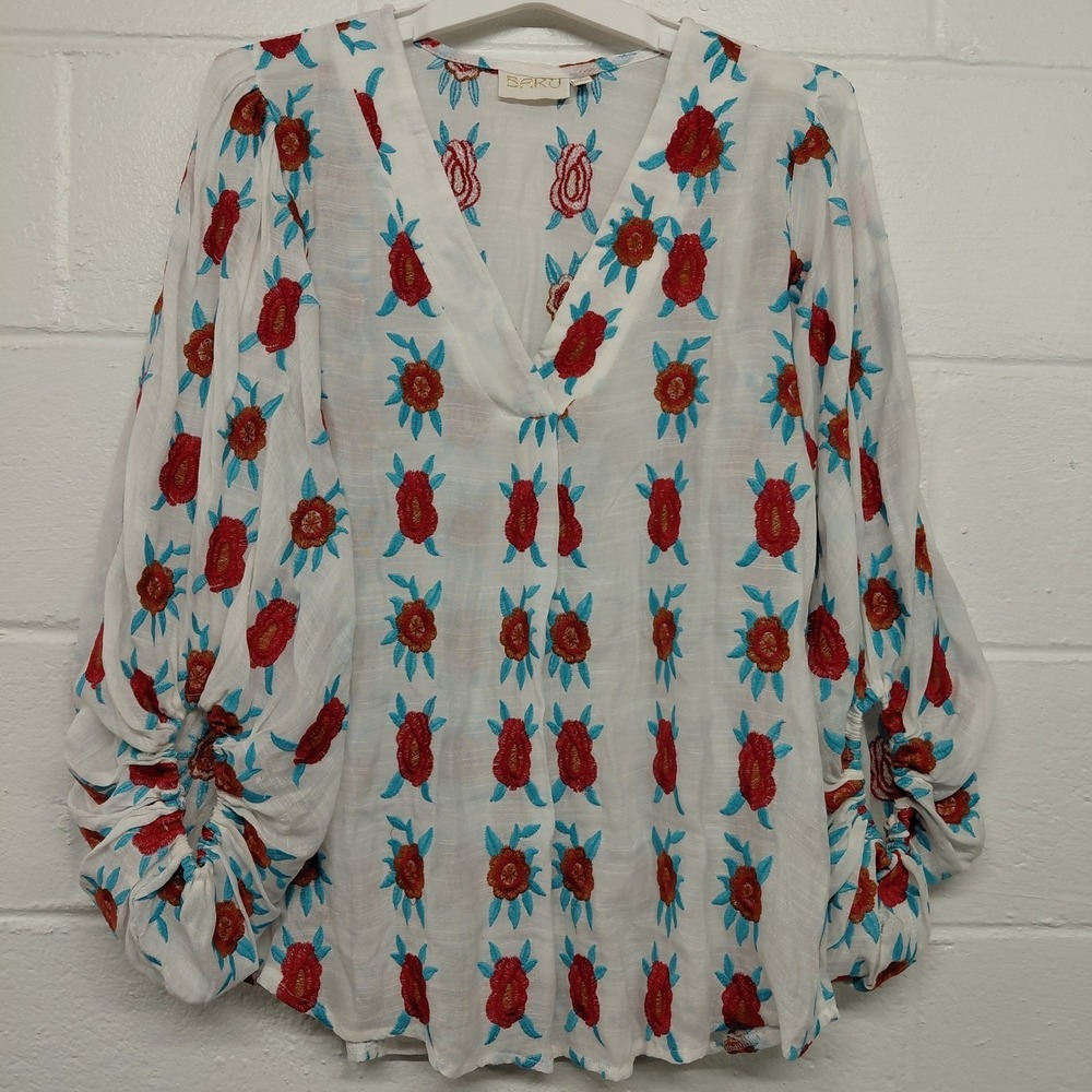 Baru Embroidered Floral V-neck MEDIUM 3/4 Balloon Sleeves Sheer Boho Peasant Top